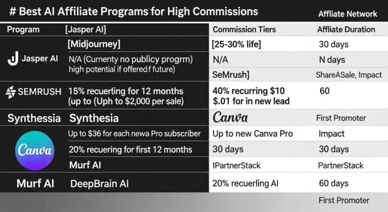 AI affiliate programs list with commission tiers and affiliate network information.